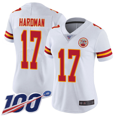 Women Kansas City Chiefs #17 Hardman Mecole White Vapor Untouchable Limited Player 100th Season Football Nike NFL Jersey->youth nfl jersey->Youth Jersey